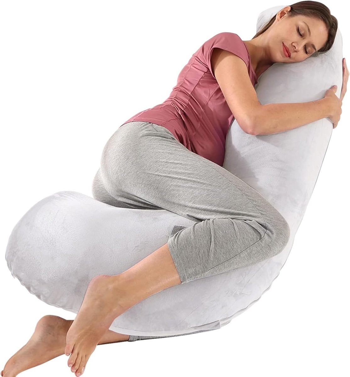 Zwangerschapskussen J-Shape Volledige lichaamsondersteuning voor comfortabel slapen op de zij | Verlicht de druk op de heupen | 135x65cm met afneembare, wasbare hoes | J-Shape & Light Grey | EarKings