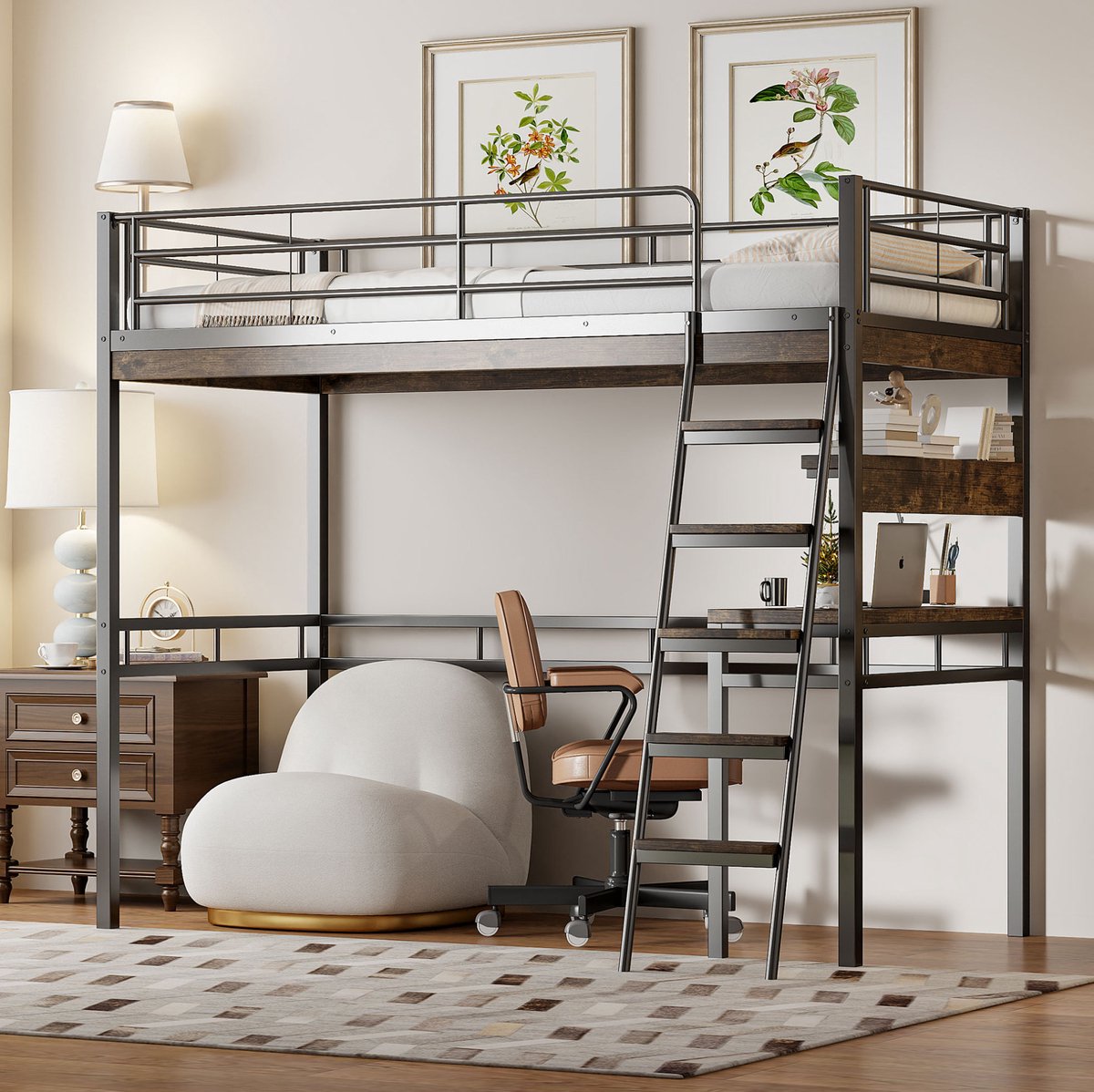 WUVRIE Hoogslaper 90x200 cm met bureau, opbergrekken, ladder en uitvalbeveiliging, zwart