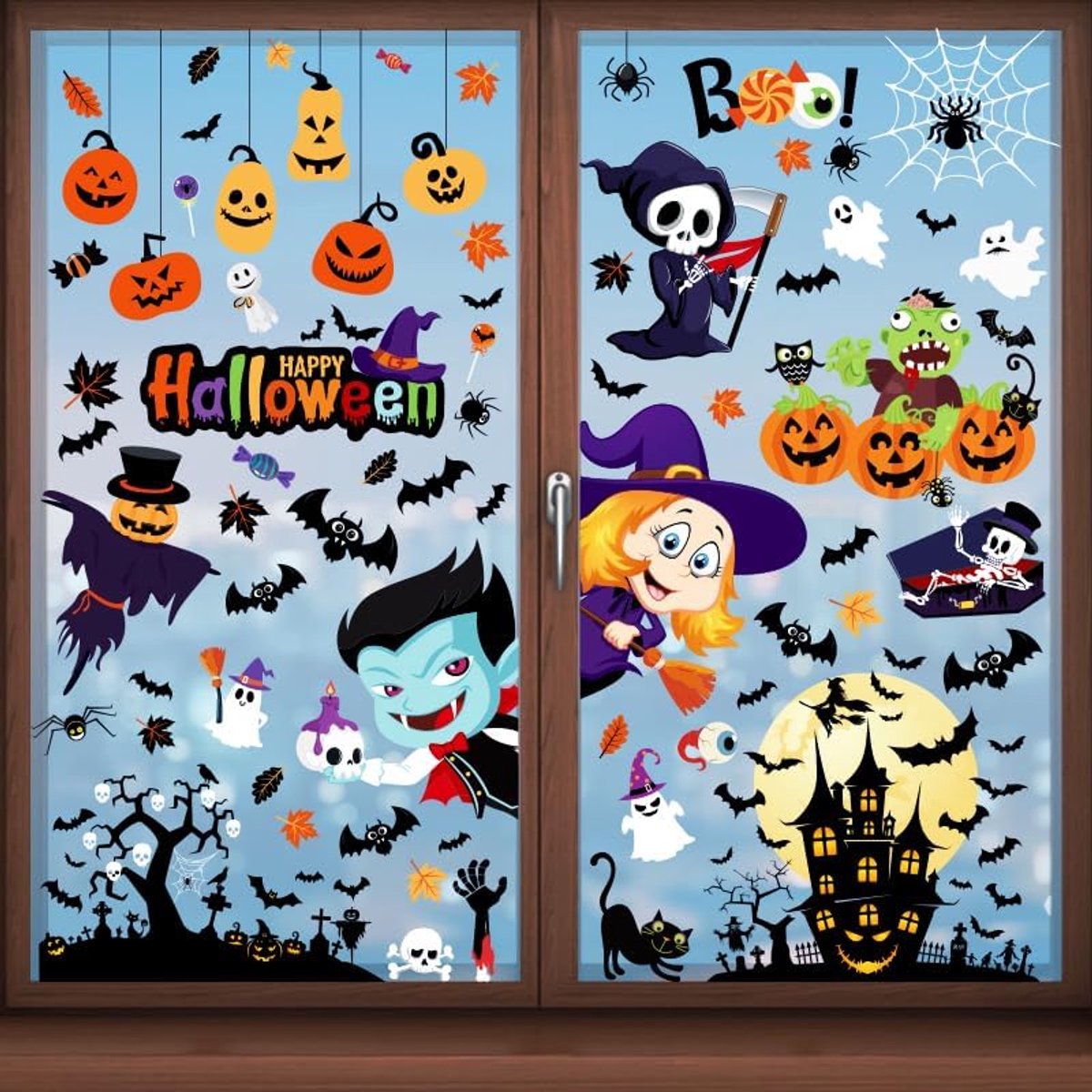 Raamstickers, Halloween raamdecoraties vershoudstickers, herbruikbaar, dubbelzijdige herbruikbare leuke cartoon Halloween decoratie met pompoen, vleermuis, spin Halloween stickers (9 vellen)