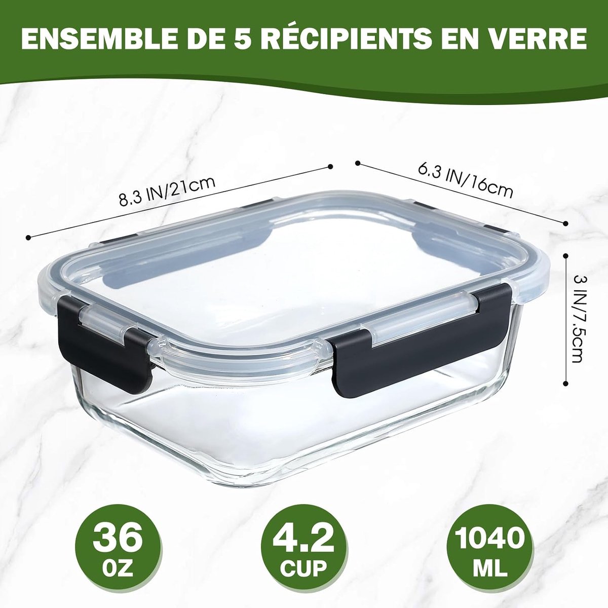 YASHE glazen bewaarbakjes - 5 x 1,04 L - zwart