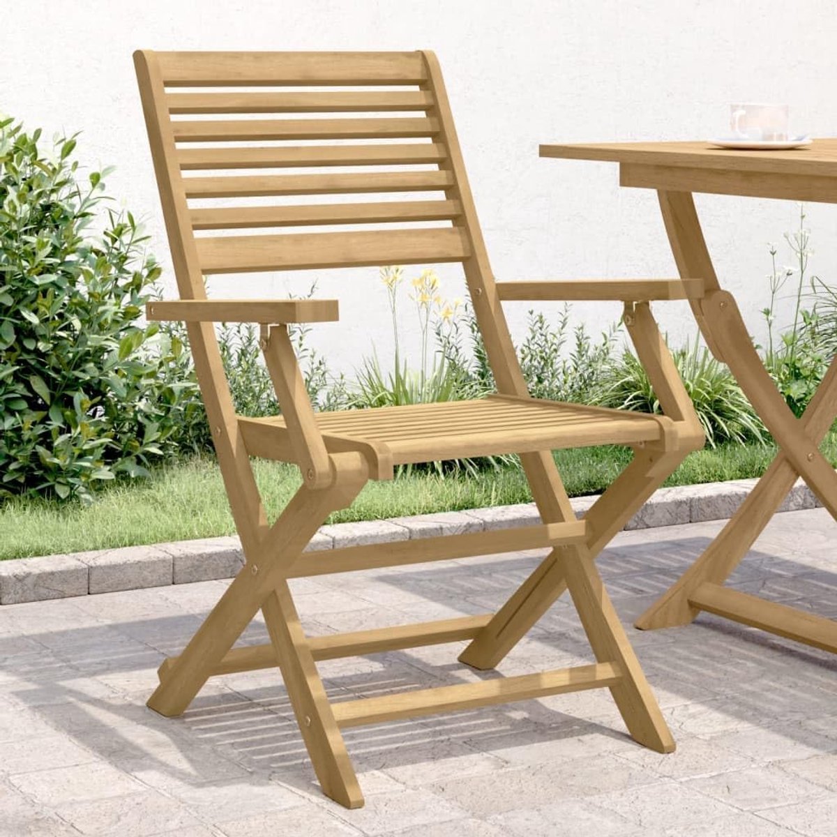 Tuinstoelen van acacia, 2 stuks, 54,5 x 61,5 x 86,5 cm, massief acaciahout, met armleuningen en rugleuning, lattenconstructie tegen waterophoping,