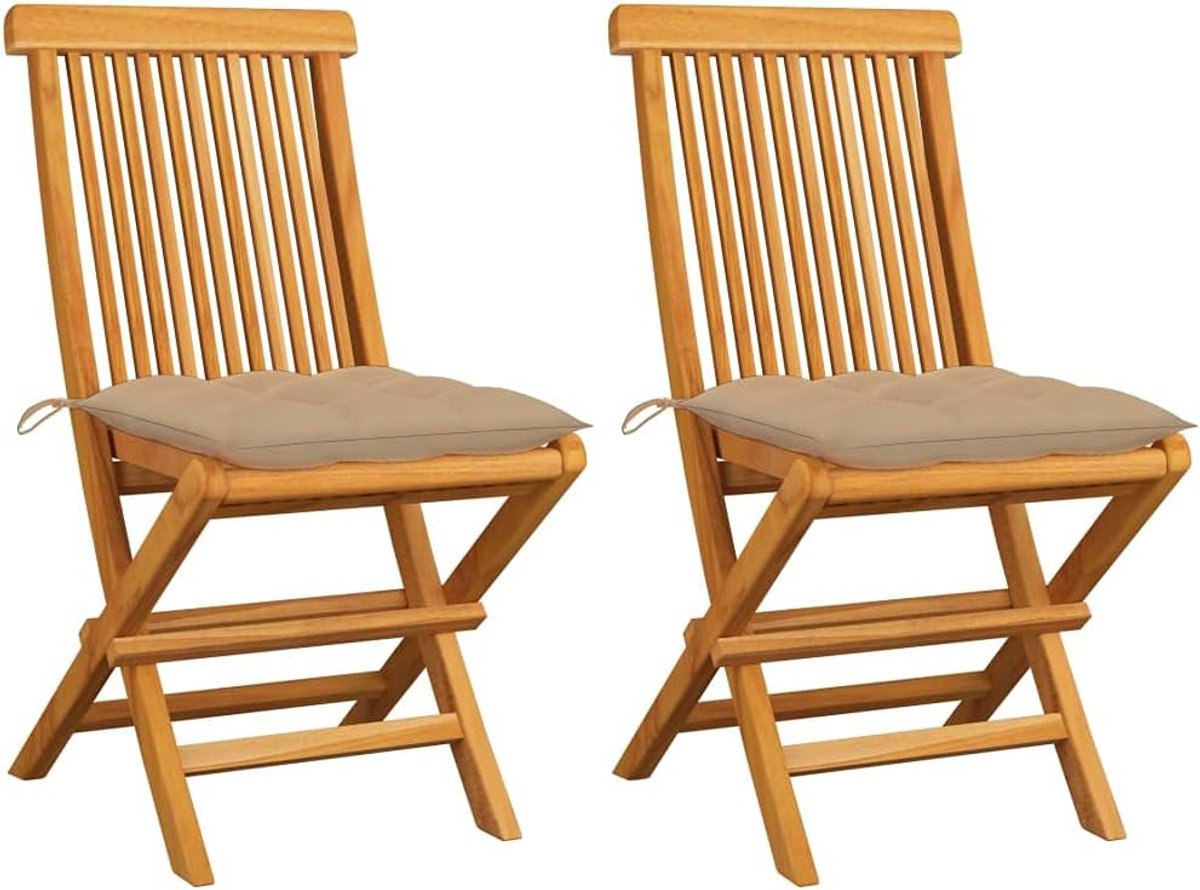 Tuinstoelen met beige kussen, 2 stuks, massief teakhout, balkonstoelen, terrasstoelen, vrijetijdsstoelen voor terras, tuin, dekken