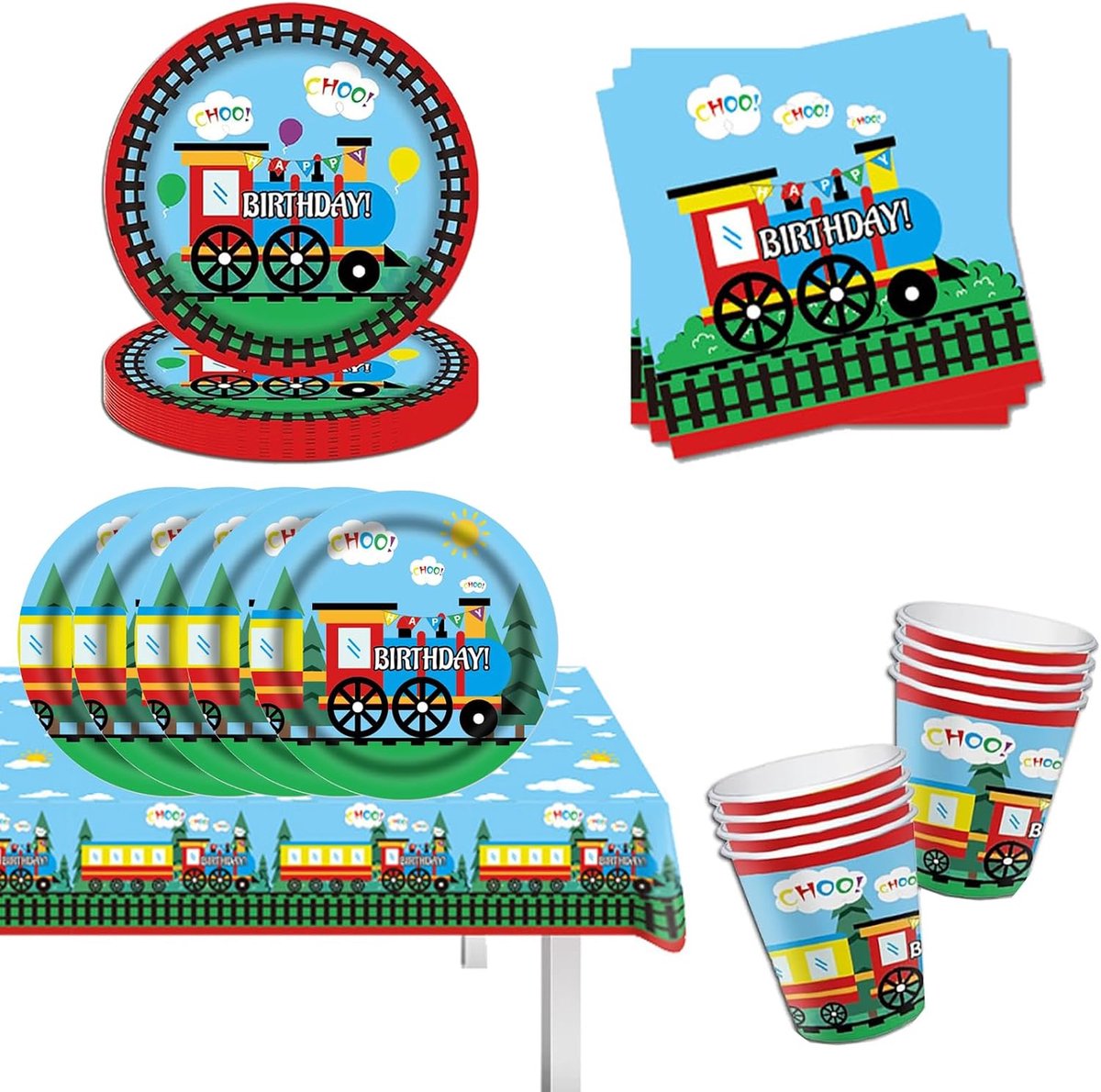 49 stuks trein verjaardagsfeestartikelen, trein verjaardagsfeest servies, trein feestservies, trein feestservies, trein set, borden trein kinderverjaardag decoratie auto papieren borden bekers