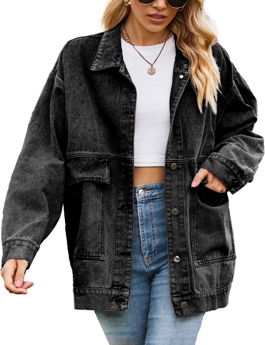 Vintage denim jas voor dames, oversized, knoop, losse revers, lange mouwen, middellang, shacket, jeansjas, bovenkleding