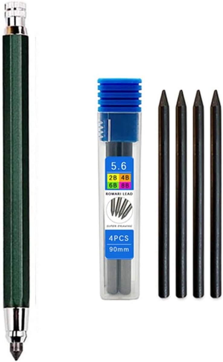 5.6mm metalen tekenpotlood met 4 2B 4B 6B 8B lood sets professionele kunst schets mechanisch potlood Kawaii briefpapier kan worden gevuld (groen)