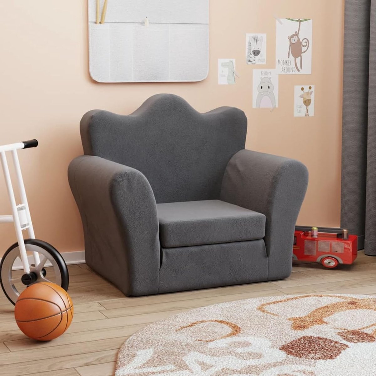Slaapbank voor kinderen, antraciet, zacht pluche, kinderbank, mini-sofa, leesbank voor kinderkamer, speelkamer, logeerkamer, slaapkamer, 357054