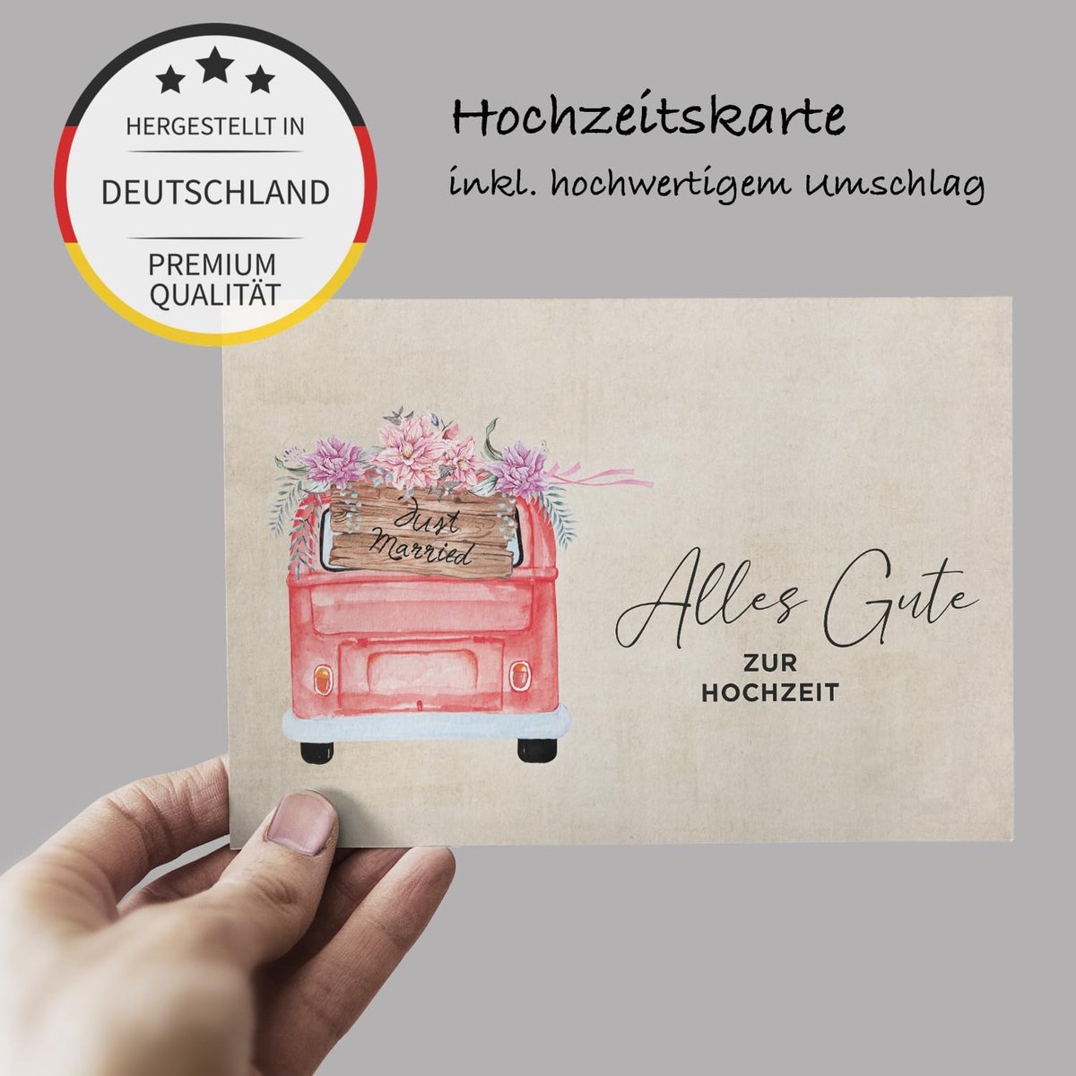 1 premium bruiloftskaart 10,5 x 14,8 cm met envelop, wenskaart, vouwkaart, kaart voor bruiloft | Just Married, wenskaart, alles Gute wensen