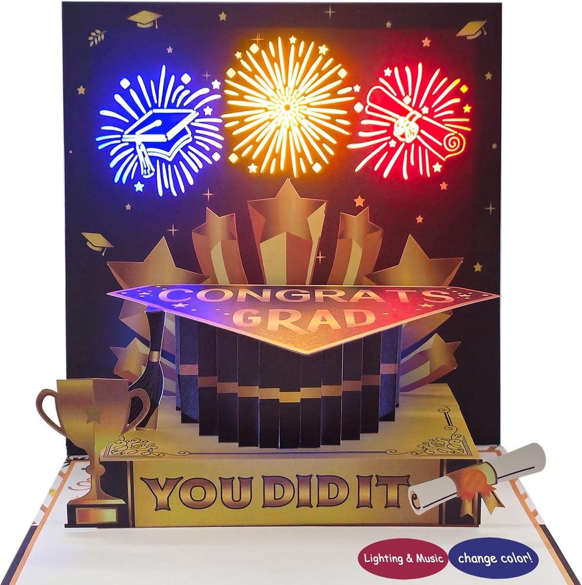 Fireworks 3D pop up Greeting Card with Sound & Lights, Congratulations personalized gift for high school, college, university master's (HAT)