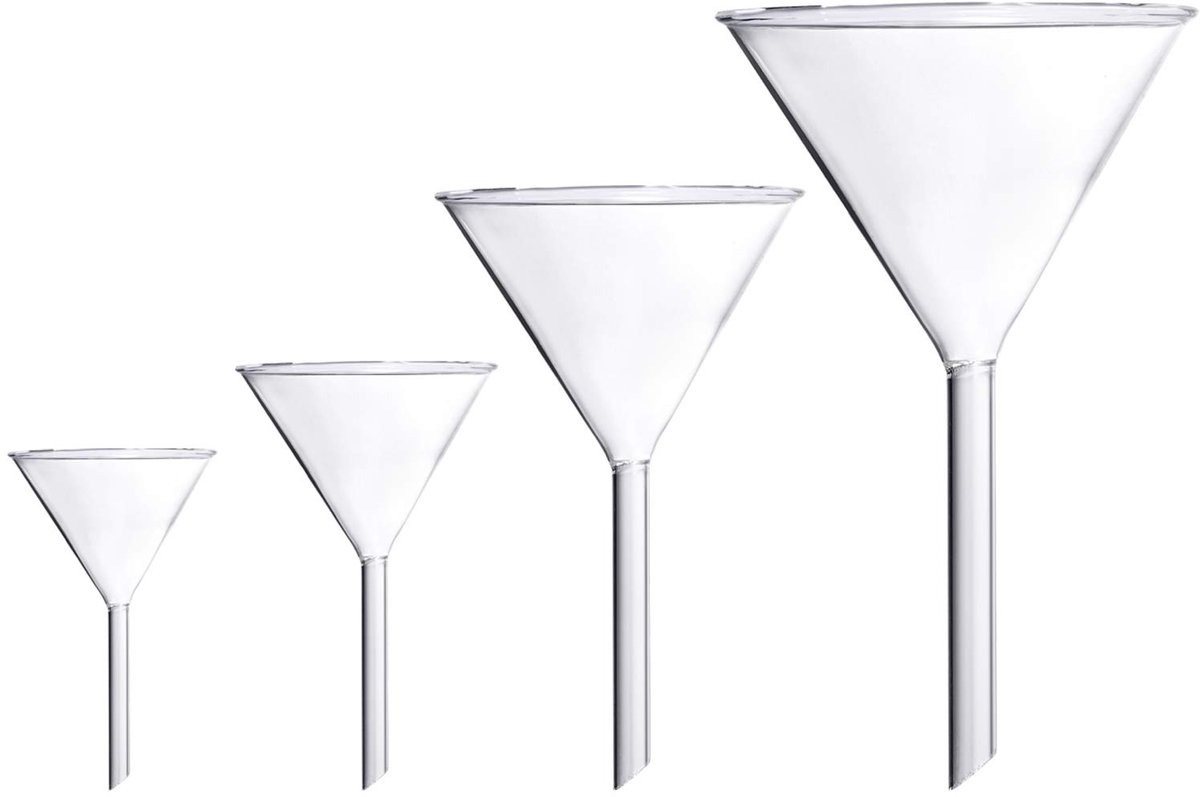 Trechterset, 4 stuks laboratorium borosilicaatglas trechters, 100 mm (170 mm lengte), 75 mm (130 mm), 50 mm (90 mm) & 40 mm (70 mm) Diameter