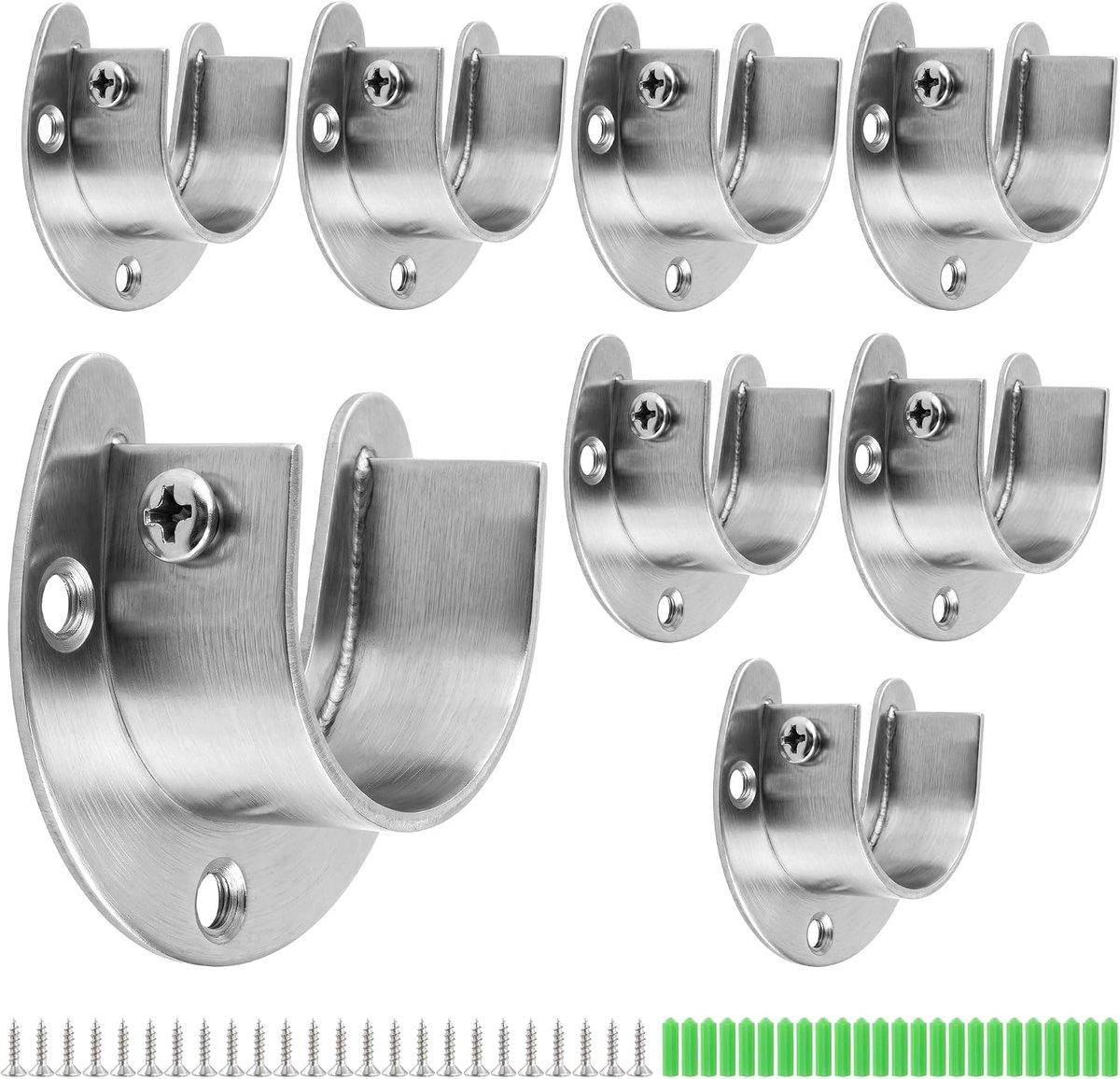 Set van 8 kledingstanghouders van roestvrij staal, ronde buishouder 28 mm, geschikt voor kledingkast en balkon, inclusief 24 schroeven en rubberen stoppen, zilver