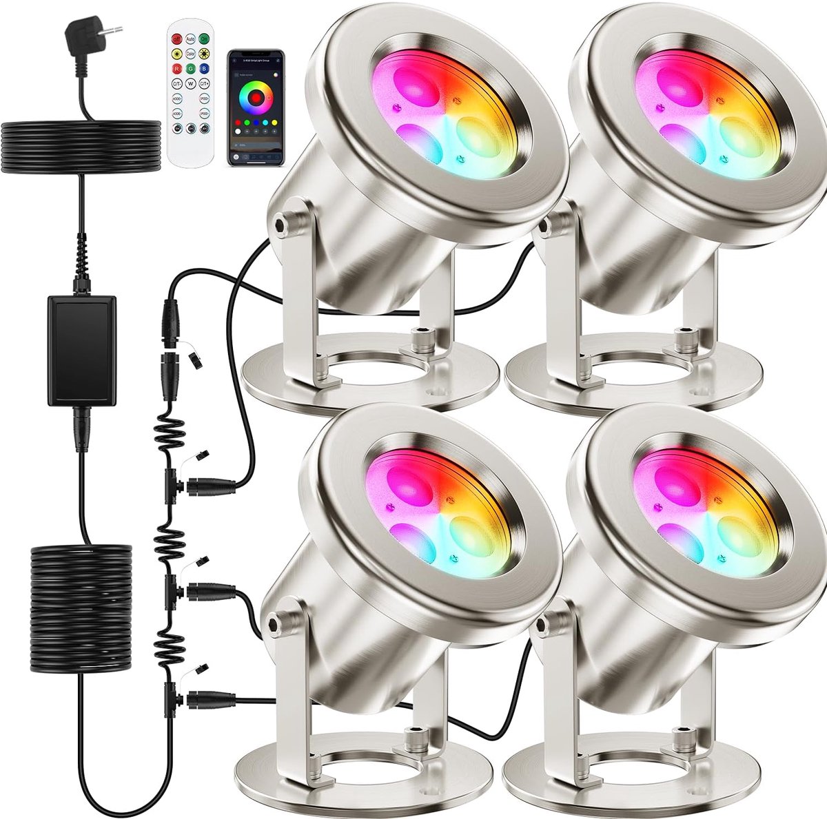 Vijververlichting, roestvrij staal, RGB, afneembare vijverlampen, onderwater met kabel van 15,5 m, IP68, voor vijver, waterval, beek, visvijver, waterspel, 4 stuks