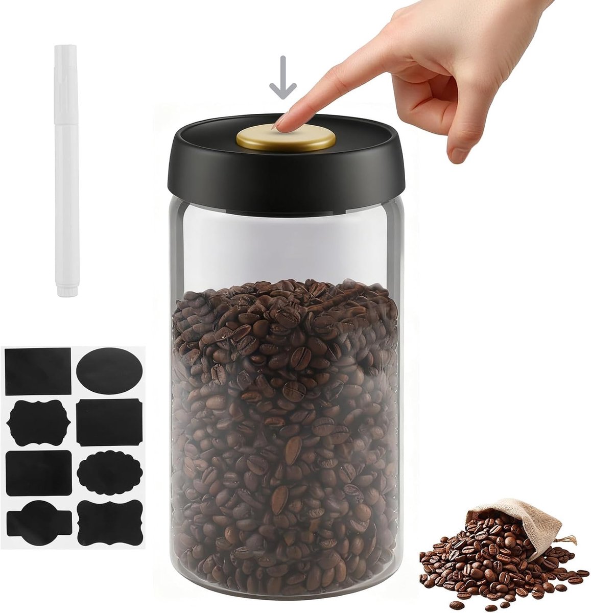 Koffieblik 1,8 liter, luchtdicht, koffie-vacuümcontainer van glas, koffiecontainer luchtdicht met drukknop en siliconen ring, koffiecontainer, luchtdicht, koffiebonen, thee, noten