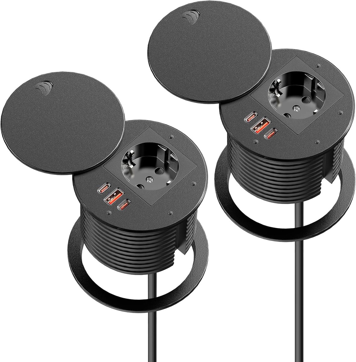 2 stuks - inbouwstopcontact met 2 USB C PD 35 W en USB A QC 30 W, inbouwstekkerdoos met USB en afdekking, inschuifbaar stopcontact voor meubels werkblad, 1,8 m kabel, zwart