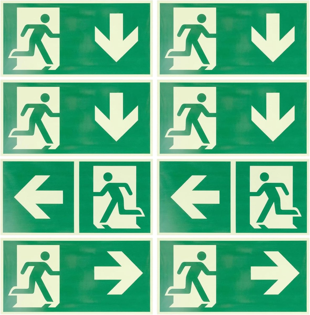 Oplichtend, 8 stuks, zelfklevende vluchtwegborden, set met pijlen links, rechts, voor nooduitgang en reddingsweg, veiligheidsborden