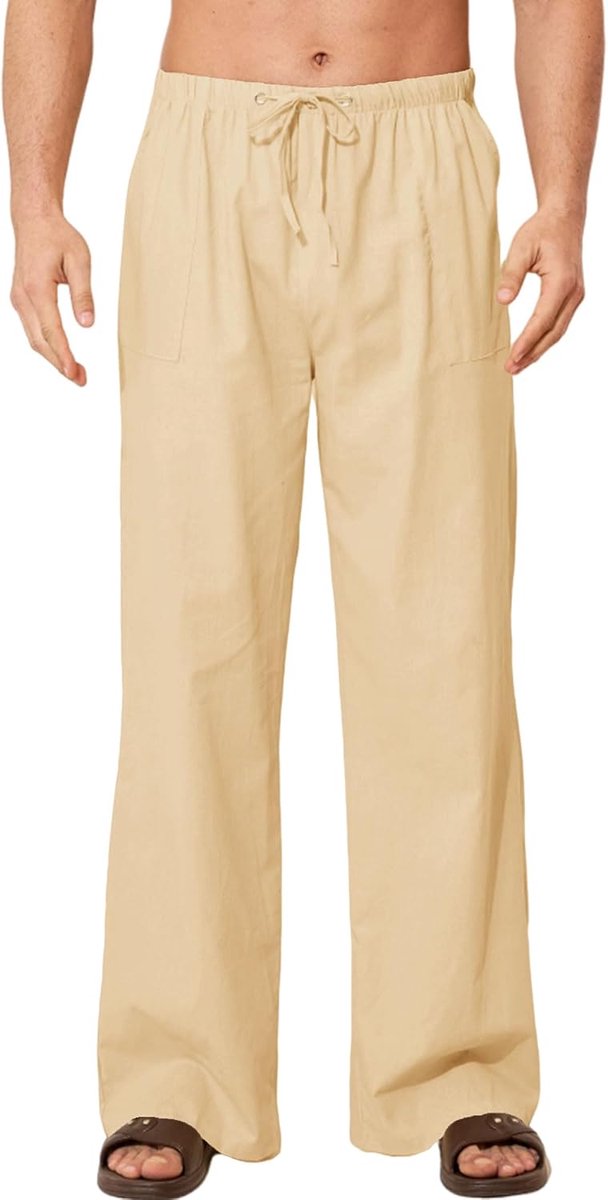 linnen broek voor heren voor de zomer, lang, linnen, katoen, losse strandbroek, casual, met elastische tailleband, trekkoord en zakken