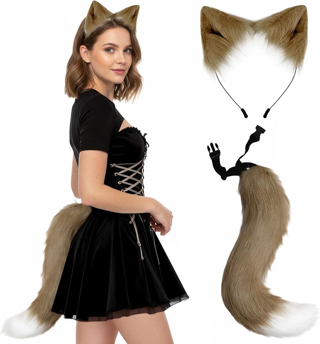 Fuchs Wolf kattenoren, staart, Halloween cosplay-kostuum, accessoires, kattenoren en kattenstaartset, imitatiebont, pluche oren, staart, cosplay, dames, Halloween, carnaval