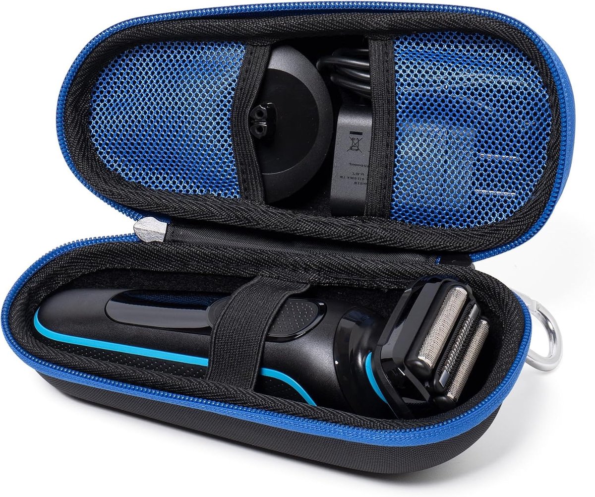 Elektrisch scheermes Case voor Braun Series 3, 5, 7, 9 scheerapparaten, harde schaal EVA reiskoffer met oplader opslag, scheerapparaat beschermende draagtas met karabijnhaak, Zwart/blauw, 18.8