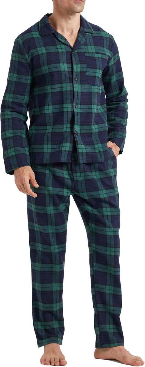 Pyjama voor heren, katoen, geruit, loungewear met zak, top en broek met lange mouwen, 2-delige zachte nachtkleding, warme winterpyjama's
