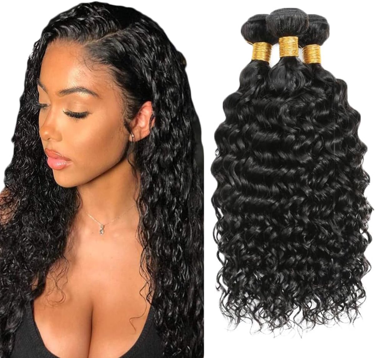 Curly Human Hair Bundles 1B Natural Black Paruk Vrouwelijk Extensions Double Weft Unprocessed Brazilain Remy Hair Weave Extension With Minimal Tangle 3 Bundles Total 300g 16 18 20 Inch
