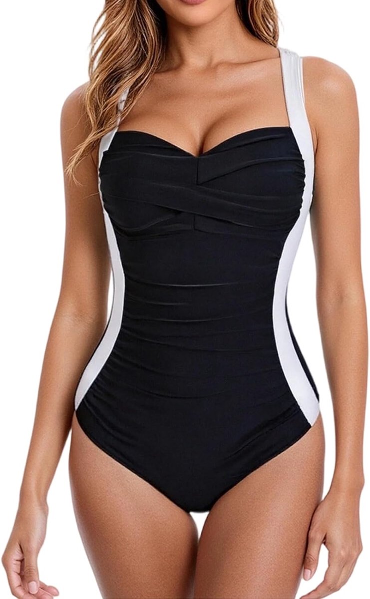 Badpak Dames Buikweg Corrigerend Vintage Geplooid Monokini met Uitneembare Cups