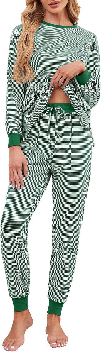 Pyjama dames lange katoenen tweedelige pyjama strepen nachtkleding met zakken