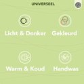 Overzicht van symbolen: 2 cirkels, 3 gekleurde cirkels, ijsbloem, hand met water. Tekst: 'Universeel', 'Licht & Donker', 'Gekleurd', 'Warm & Koud', 'Handwas'.