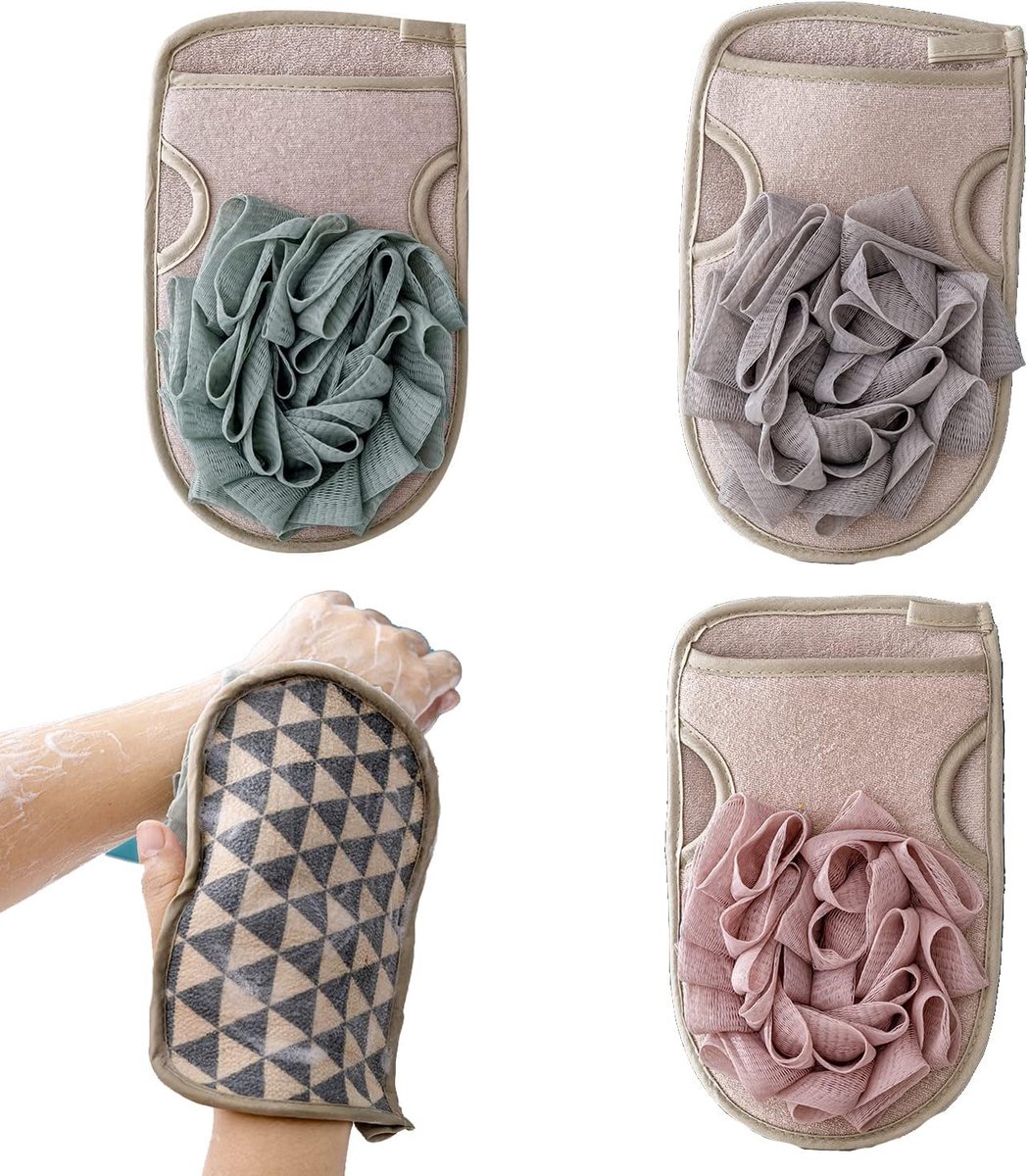 Scrub handschoenen set van 3 - Dubbelzijdig - Dode huidverwijdering - Voor lichaam en gezicht - ShopVlot