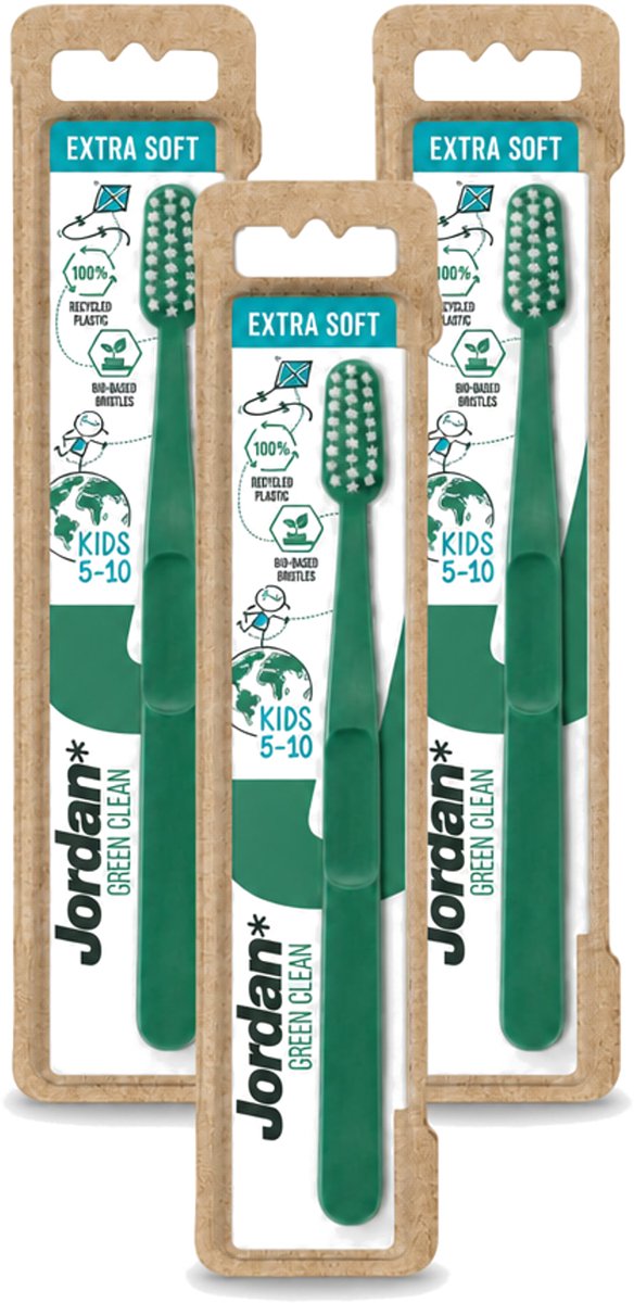 3 x Jordan - Tandenborstel - Green Clean - Extra Soft - 5 tot 10 Jaar - Voordeelverpakking - 3 stuks