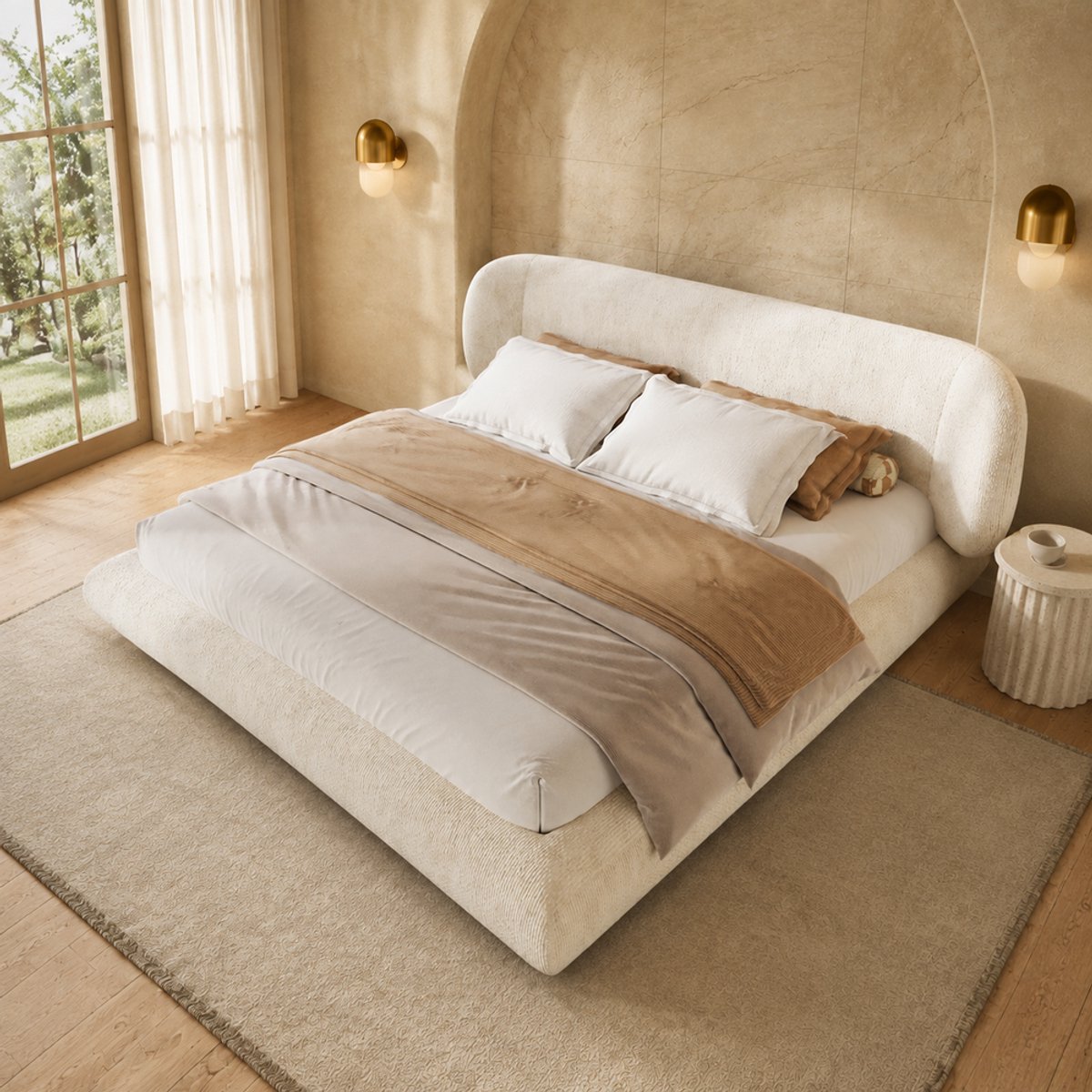 Pugsdrly Bed van 160 x 200 cm, gestoffeerd bed, tweepersoonsbed, jeugdbed met lattenbodem en hoofdeinde, afgeronde hoeken, zeer elastisch schuim, huidvriendelijke chenille, houten frame, beige (zonder matras)