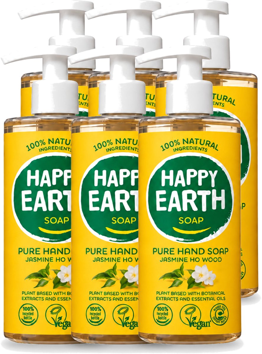 6 x Happy Earth – Handzeep – 100% Natuurlijk Jasmine Ho Wood – 300 ml - Voordeelverpakking - 6 stuks