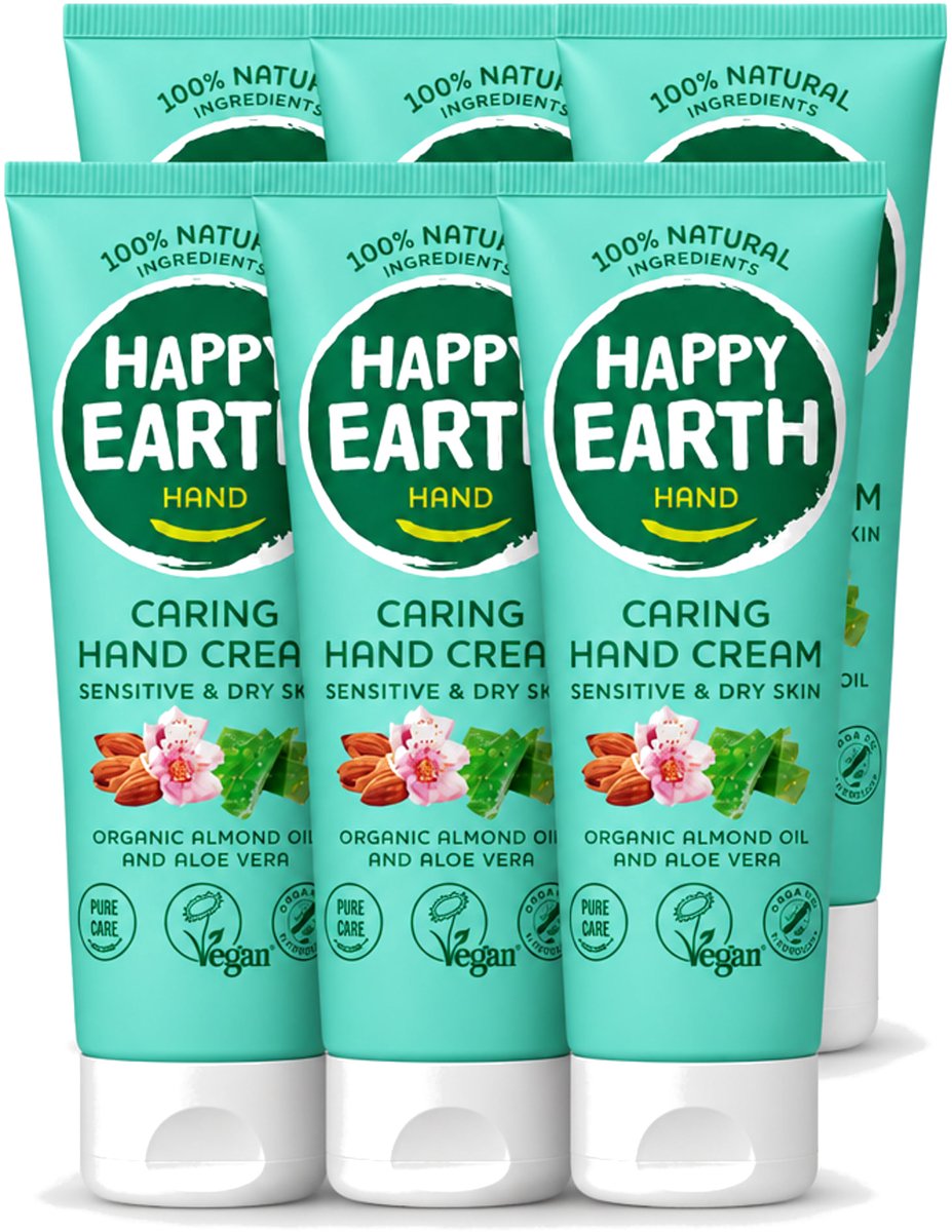 6 x Happy Earth – Handcrème – 100% Natuurlijk – 75 ml - Voordeelverpakking - 6 stuks