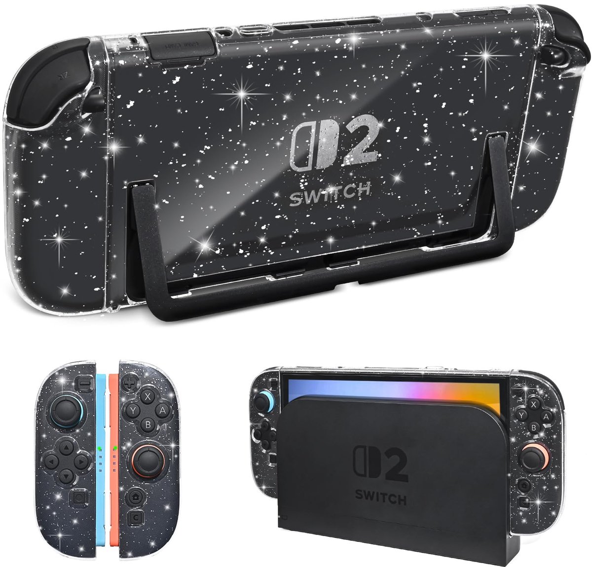 DLseego Glitter Case Compatibel met Switch 2, Stevige Sprankelende Duidelijke Beschermhoes met Zachte Silicone Beugel - ShopVlot