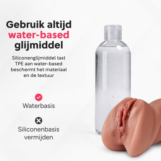 Gebruik altijd water-based glijmiddel. Siliconenbasis vermijden. Realistische TPE vorm met flesje glijmiddel.