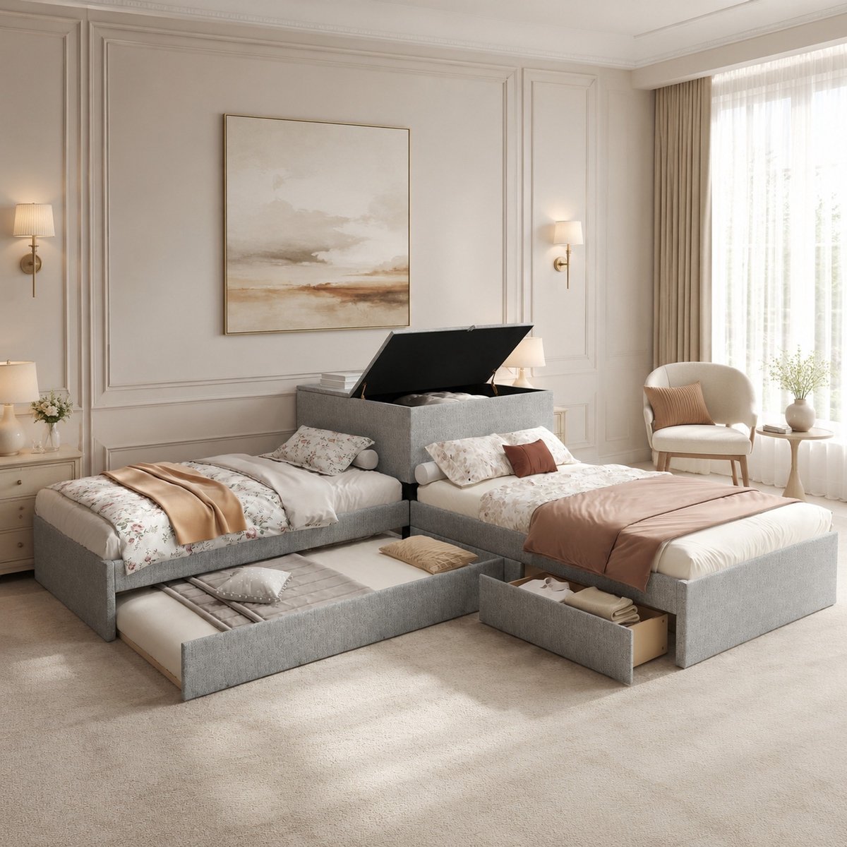 WUVRIE Hoekbed 90x200 cm met uitschuifbed, opbergkast en 2 lades, grijs