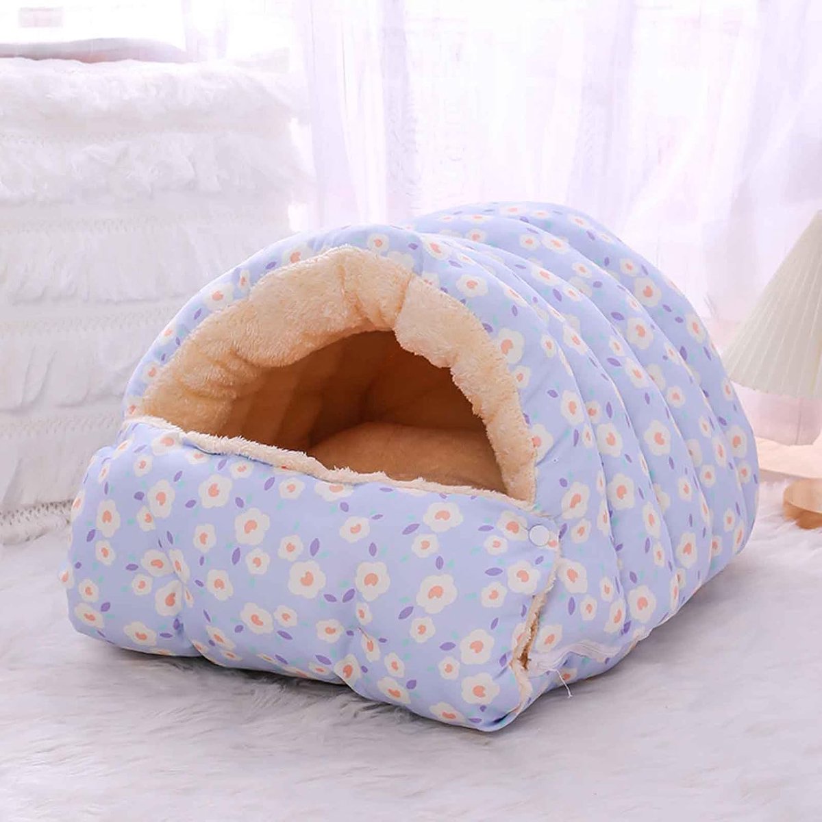 Gesloten Kattenmand – Warme Pluche Kattenzak voor Katten en Kleine Honden – Open en Gesloten te Gebruiken – Zacht Gevoerd met PP-Katoen – Winterse Slaapplaats – Blauw – 50 × 40 × 25 cm – – 1 Stuk