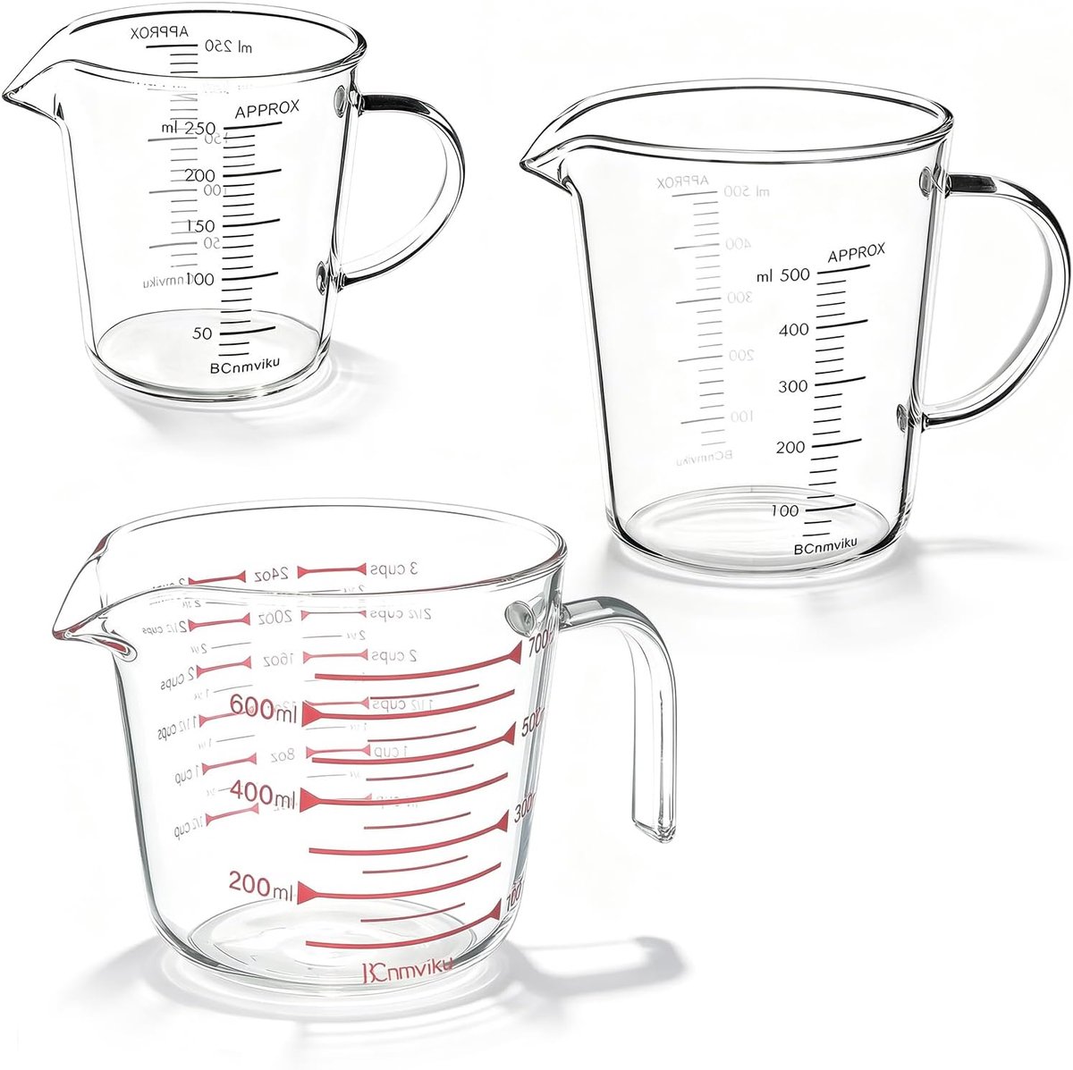 3 stuks maatbekers van glas met handvat, 250 ml + 500 ml + 700 ml, borosilicaatglas, maatbekers met schenktuit - ShopVlot