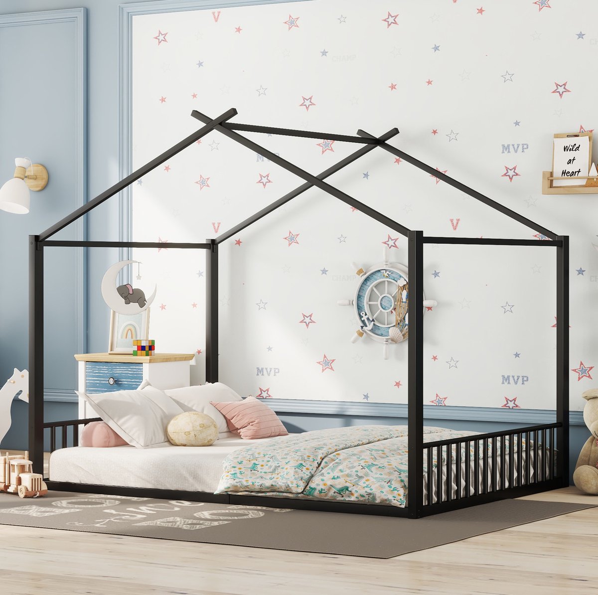 WUVRIE Kinderbed 140x200 cm in huisvorm met metalen frame, lattenbodem en zijhekken, zwart
