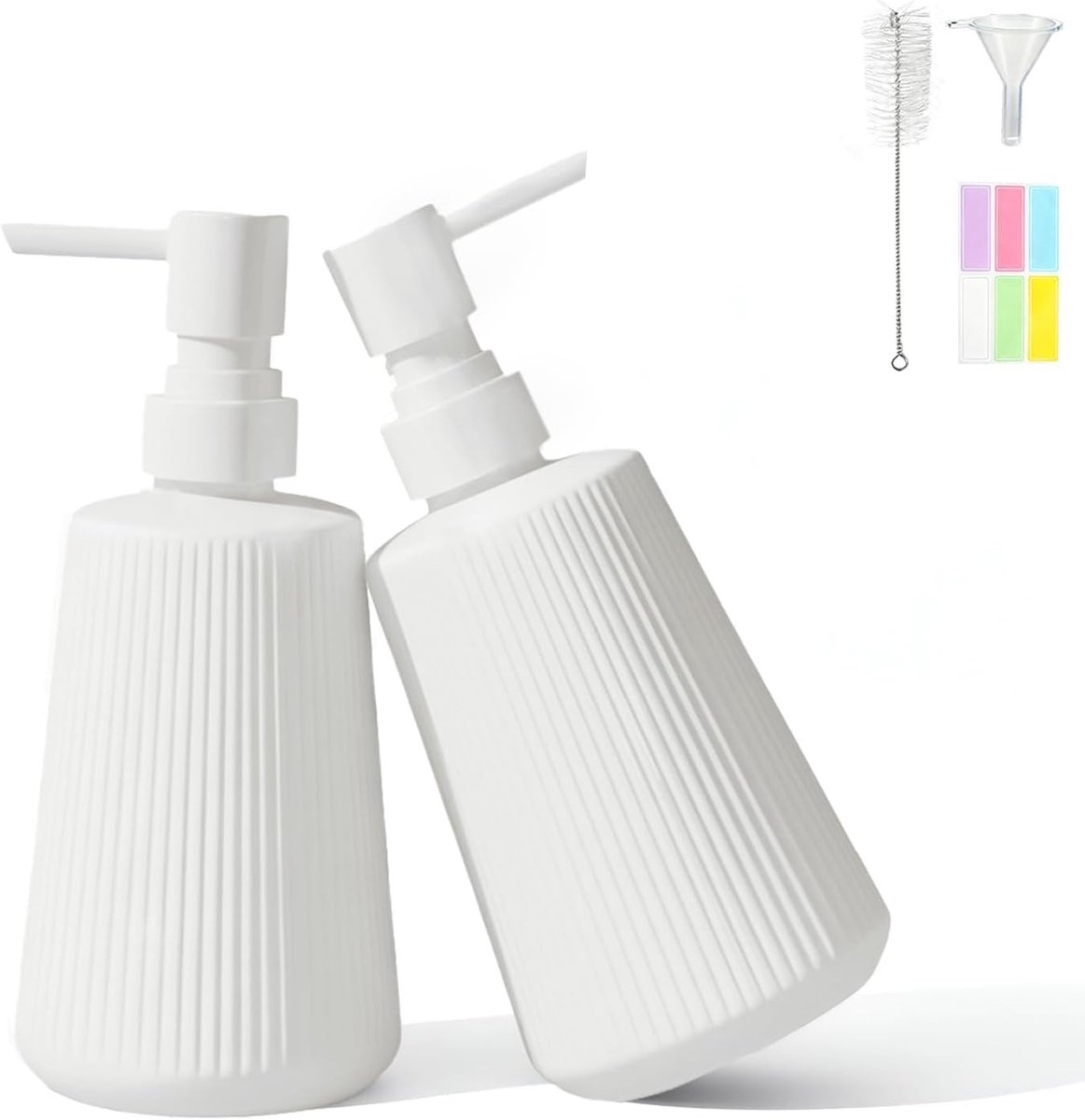 Set van 2 Witte Zeepdispensers van 350 ml met Pomp, Inclusief Schoonmaakborstel en Kleurlabels voor Handzeep en Afwasmiddel