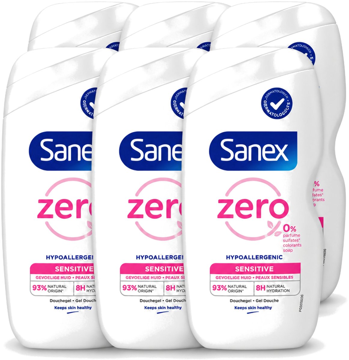 6 x Sanex Zero% - Douchegel - Gevoelige Huid - 0% Parfumsulfaten - Hypoallergeen - 400 ml - Voordeelverpakking - 6 stuks