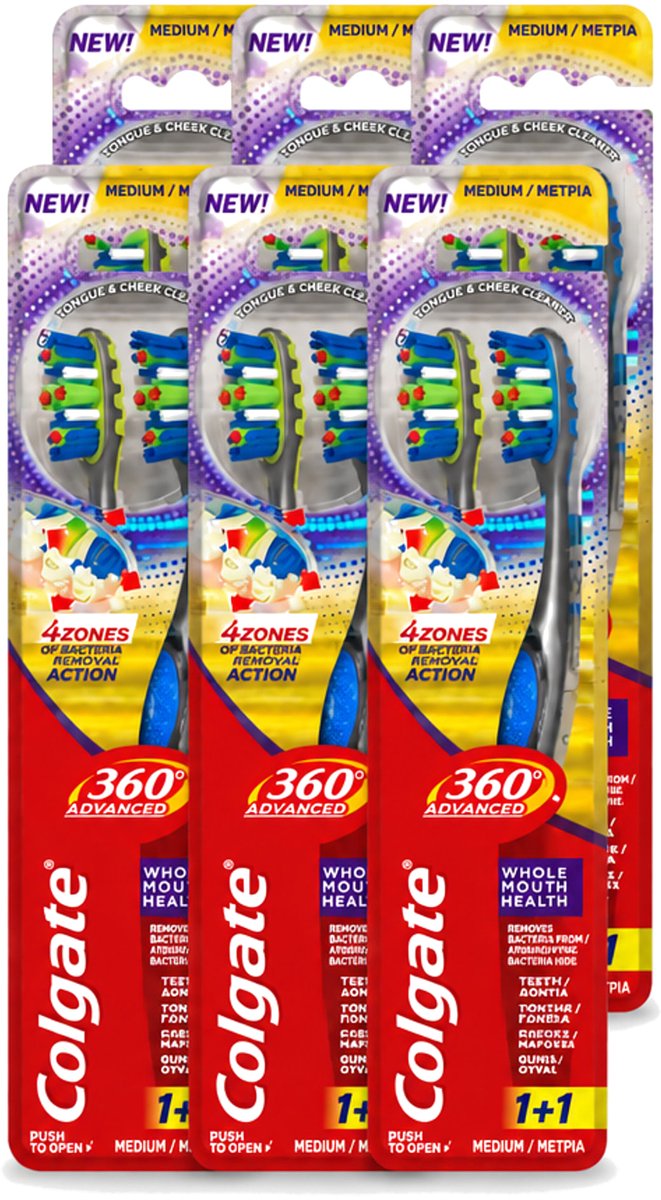 6 x Colgate - 360° Geavanceerd - Tandenborstel - Medium - 2 Tandenborstels - Voordeelverpakking - 6 stuks