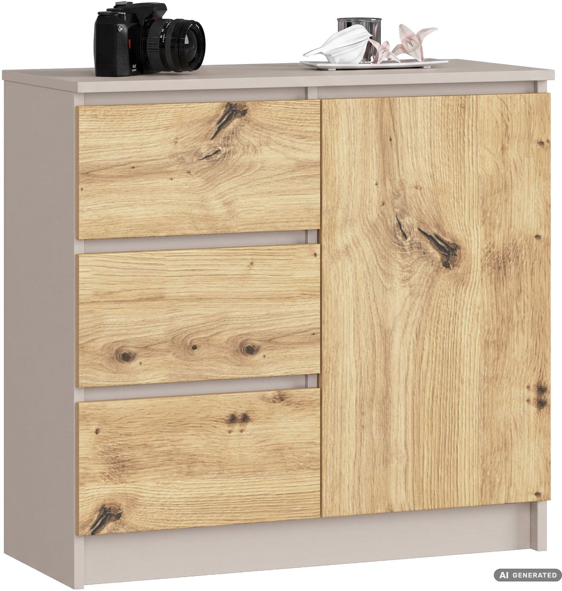 Akord Ladekast JERRY / Kasjmier / 80 cm / 1 Deur / 3 Lades / Kleur Artisan Eiken Mat / 2 Planken / 80 x 35 x 77 cm Kasjmier / Artisan Eiken