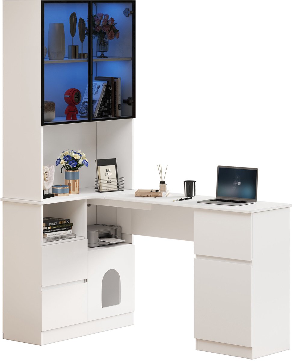 Merax Hoekbureau Met Boekenkast En Verlichte Vitrinekast - 120 x 80 x 180 cm - 3 Laden - Kabeldoorvoer - Huisdierenvak - Wit
