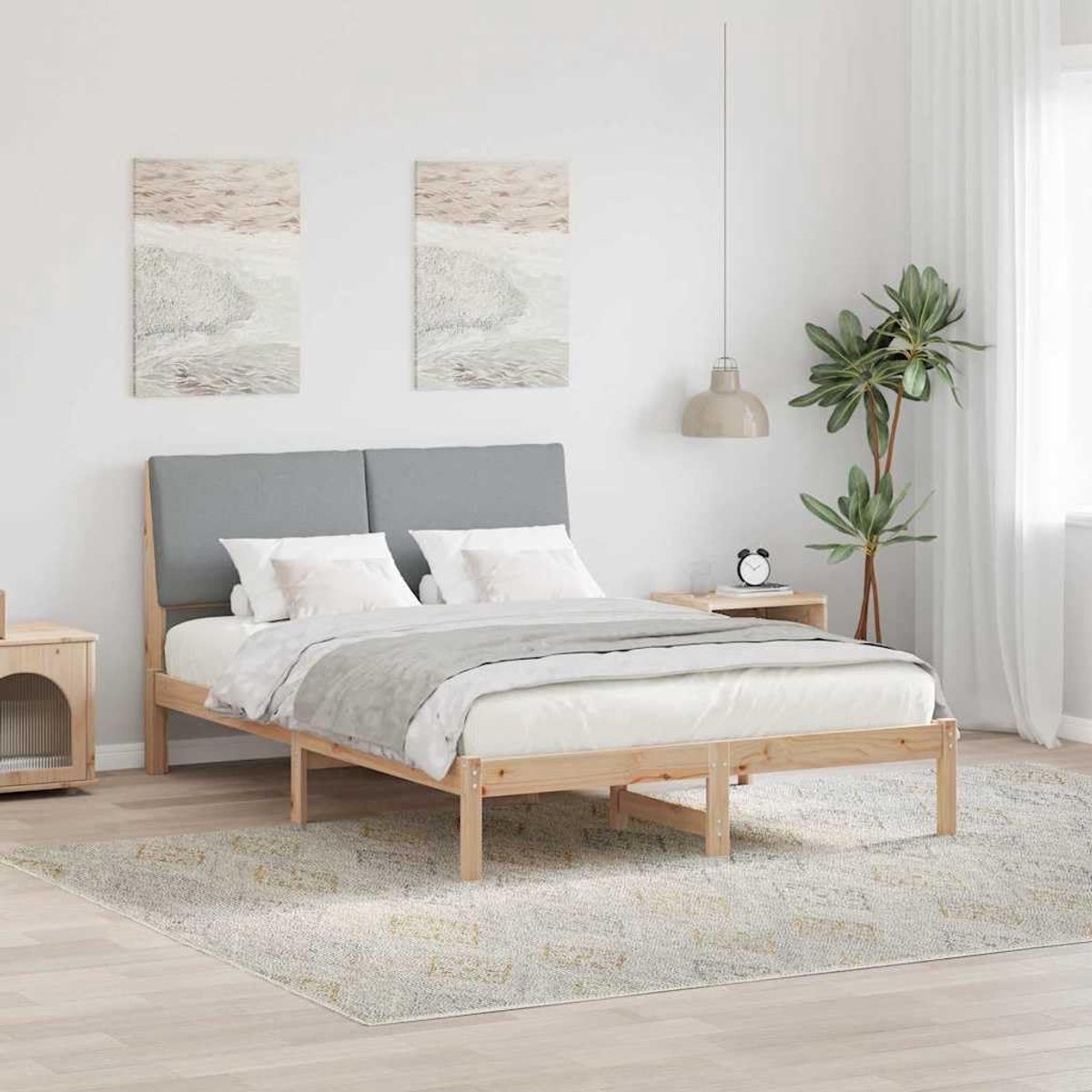 Grenenhout met hoofdbord modern stijl 150 x 200 cm bruin lichtgrijs
