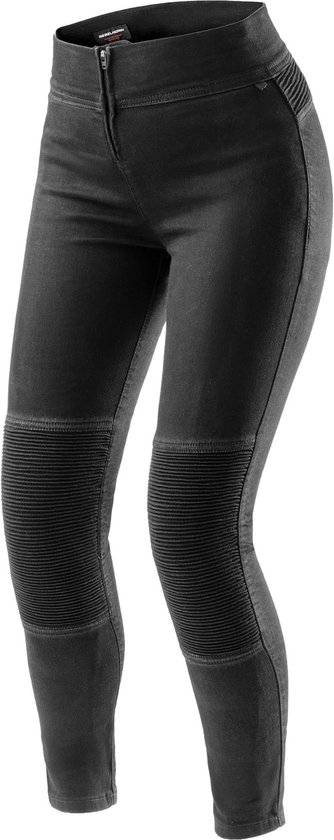 Zwarte damesmotorlegging met geribbelde kniestukken en logo.