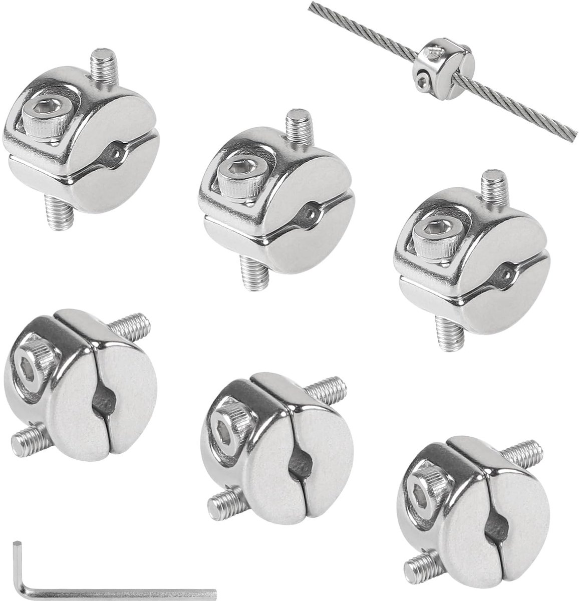 Pack of 6 detachable cable clips, Ø 4 mm, stainless steel V4A clamps, double mounting for cable with screws, 4 mm - ShopVlot