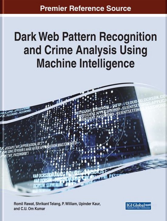 Couverture de livre intitulée Dark Web Pattern Recognition and Crime Analysis Using Machine Intelligence avec un motif de crâne numérique.