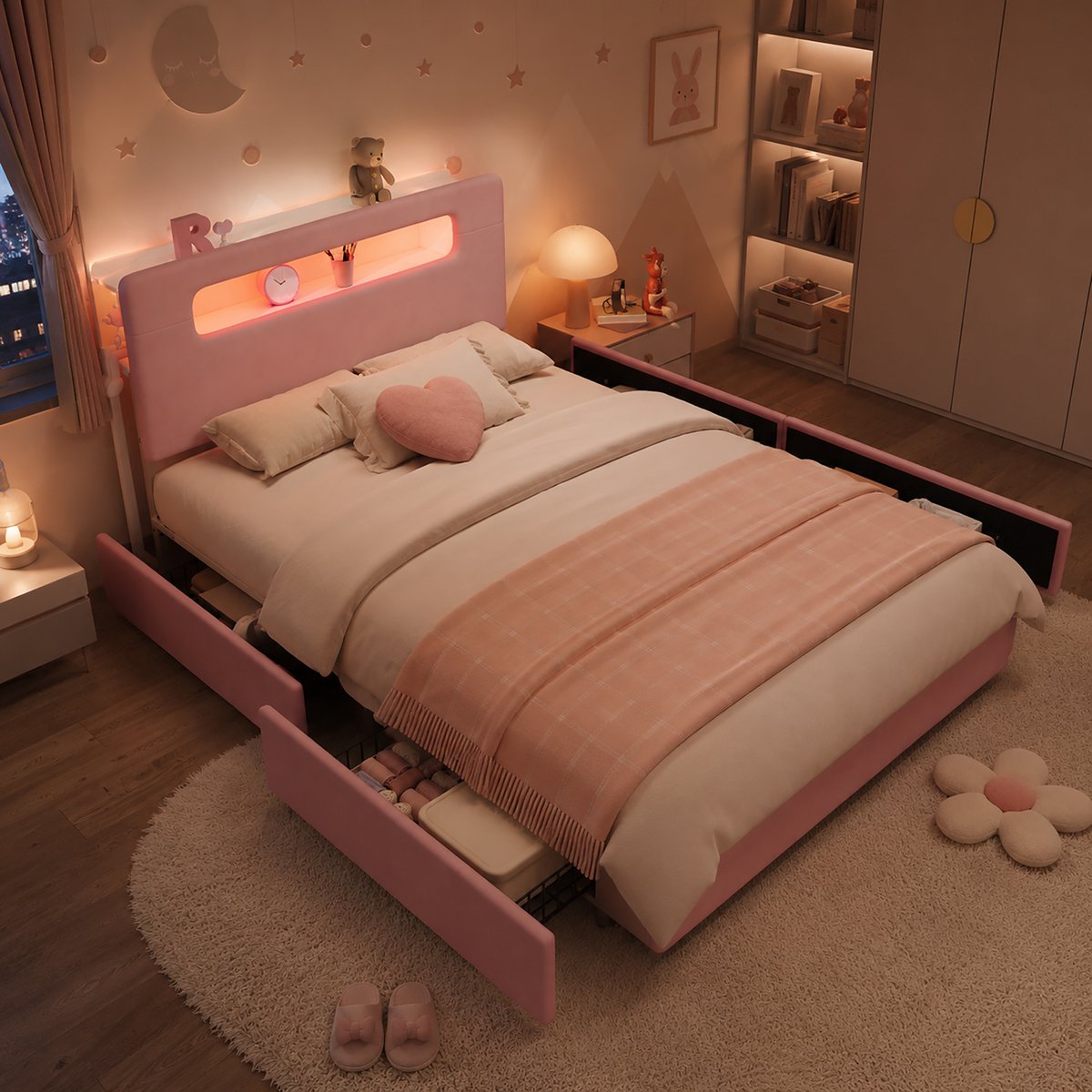 MIVRAY Kinderbed 140 x 200 cm - Vier Lades En Ledverlichting Via App - Voor Kinder- En Tienerkamer - Zonder Matras - Fluweel - Roze
