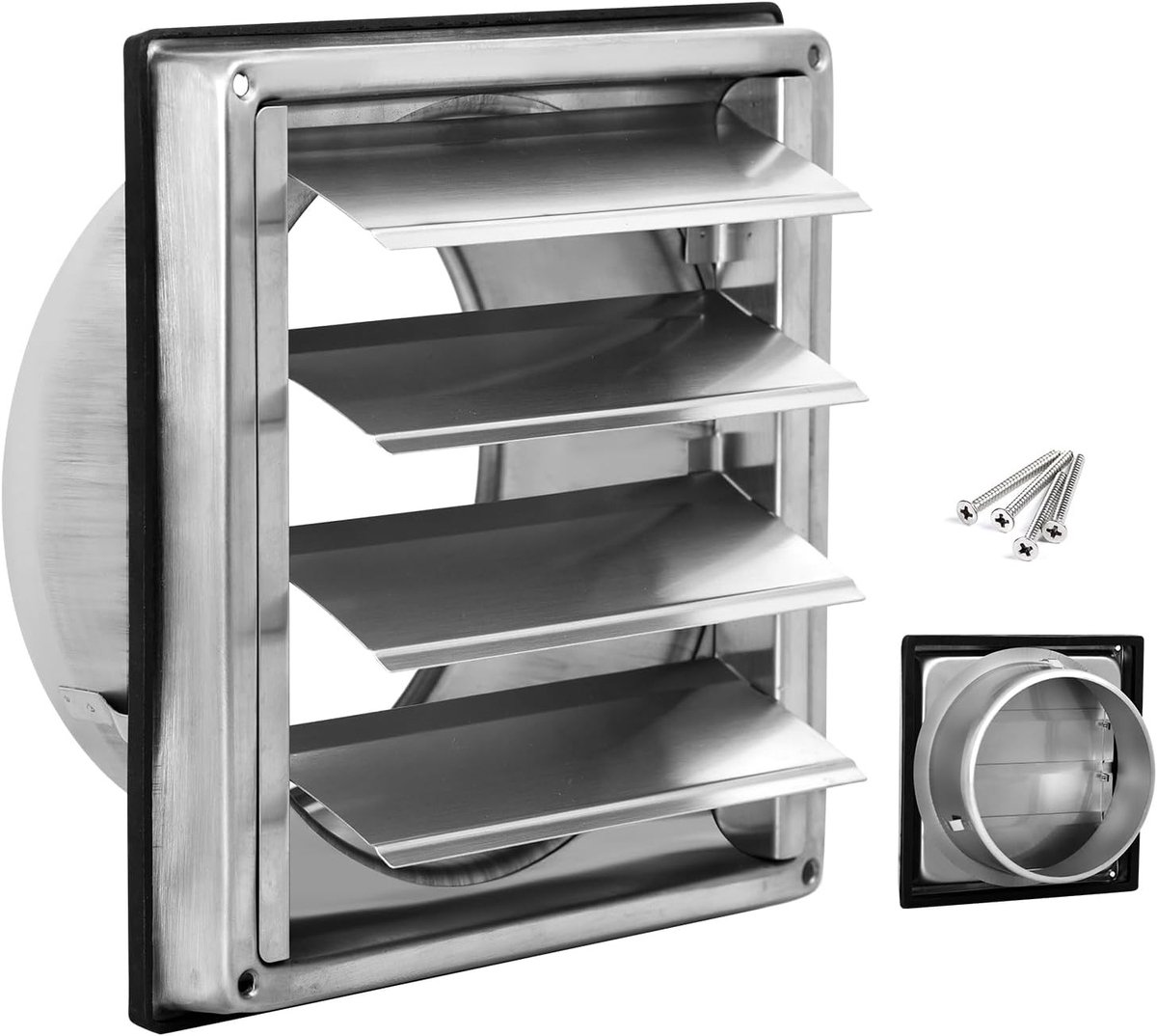 Ventilatierooster 100 mm met terugslagklep, weerbestendig roestvrijstalen ontwerp, verstelbare lamellen en uitlaatventilatie