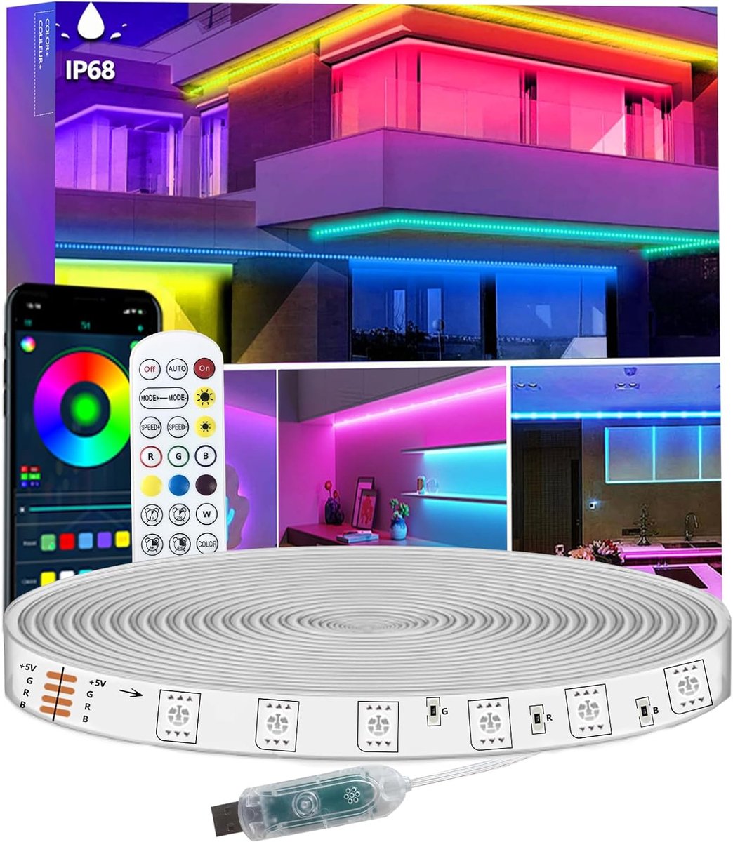 5 meter LED-strip (IP68 waterdicht voor buiten) – 5V USB-voeding, muzieksynchronisatie via Bluetooth-app/RF-afstandsbediening – geschikt voor balkon- terras- camping- tuin en slaapkamer