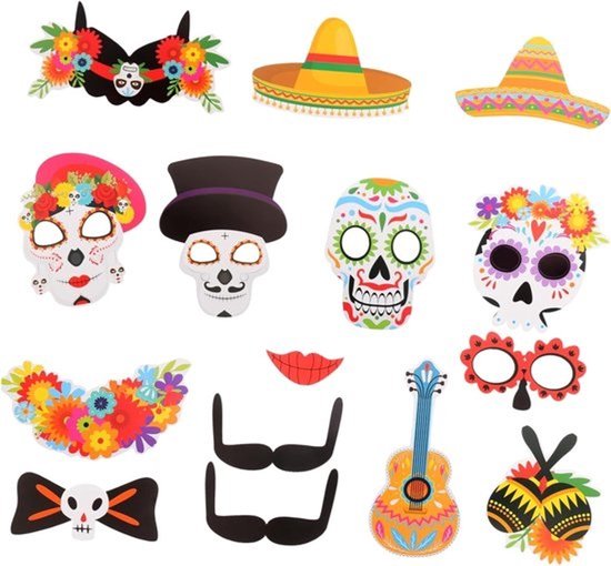 Dag van de Doden - Feestdecoraties - Voor een Mexicaans themafeest - Diverse papieren ornamenten - 16 x 13 x 0.2 cm - Diverse kleuren